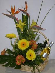 Basket of Flowers and Wine