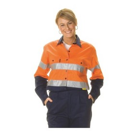 'DNC' Ladies HiVis Two Tone Cool-Breeze Long Sleeve Cotton Shirt with 3M Reflective Tape