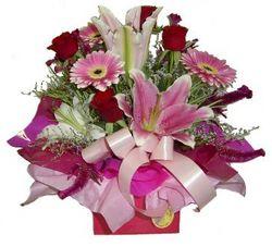 box arrangement pink flowers