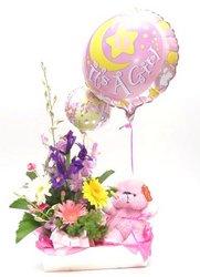 Baby girl arrangement   with teddy and balloons