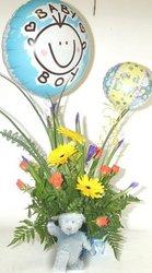 Baby boy arrangement    teddy and balloons