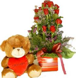 Devotion bear and 10 roses