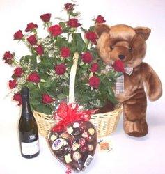 Roses, champagne, box chocolate  and giant teddy hamper