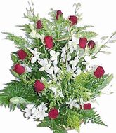 Arrangement of roses and orchids
