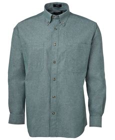 'JB' Mens Cotton Chambray Long Sleeve Green Stitch Shirt