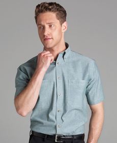 'JB' Mens Cotton Chambray Short Sleeve Green Stitch Shirt