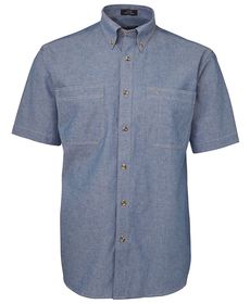 'JB' Mens Cotton Chambray Short Sleeve Tan Stitch Shirt