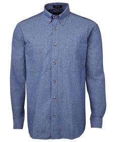 'JB' Mens Cotton Chambray Long Sleeve Blue Stitch Shirt