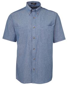 'JB' Mens Cotton Chambray Short Sleeve Blue Stitch Shirt
