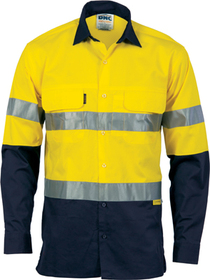 'DNC' HiVis Two Tone 3 Way Cool Breeze Long Sleeve Cotton Shirt with Gusset Sleeve with 3M Reflective Tape
