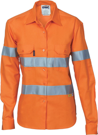 'DNC' Ladies HiVis Cool-Breeze Long Sleeve Cotton Shirt with 3M Reflective Tape
